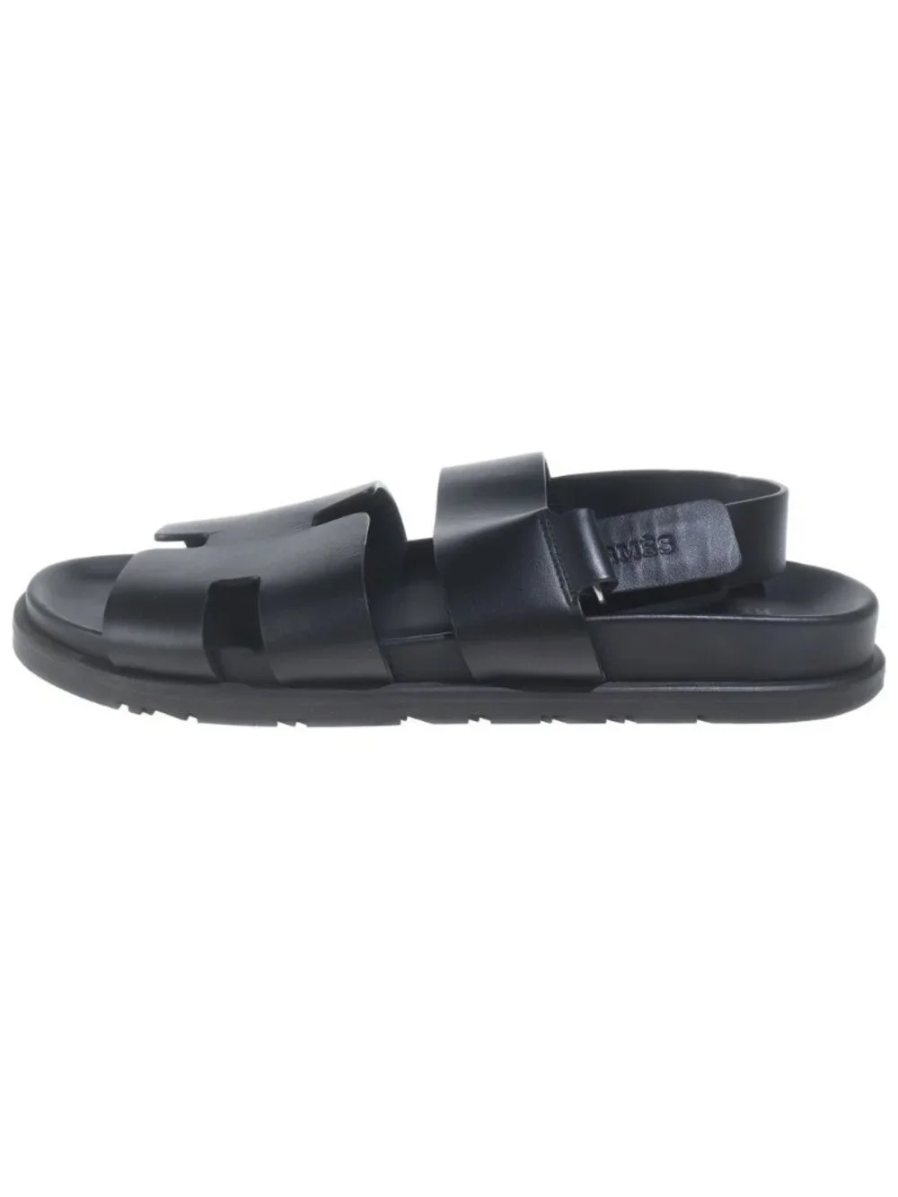 Hermes Genius Leather Sandals Shoes Calfskin Rubber Sole Back Strap Black